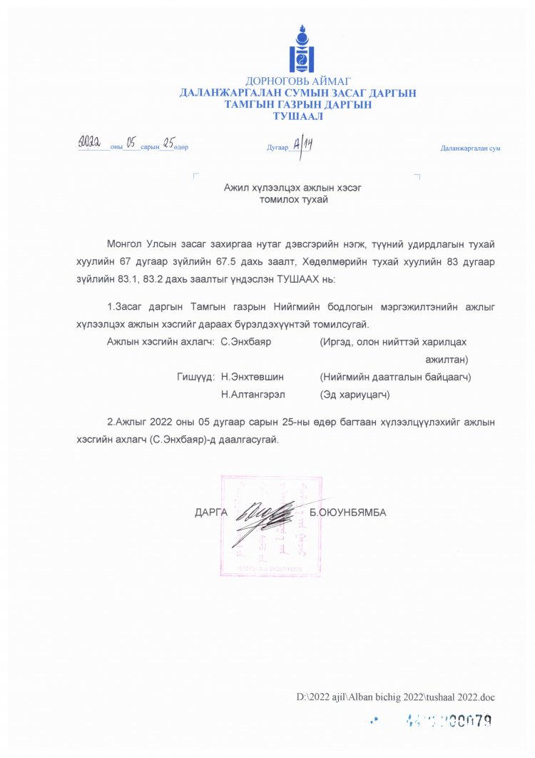 Ажил хүлээлцэх ажлын хэсэг томилох тухай А/14-А/15