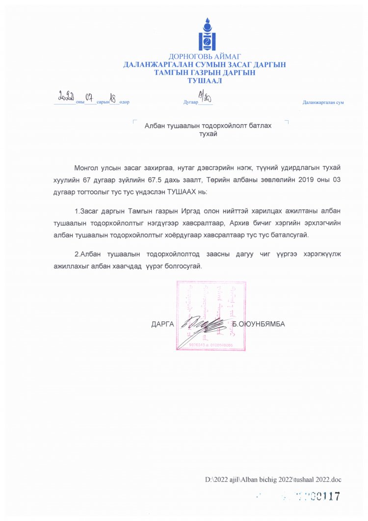 Албан тушаалын тодорхойлолт батлах тухай А/20