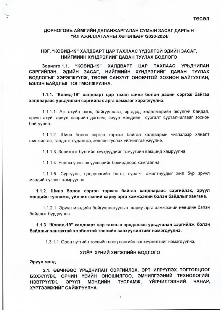 ДАЛАНЖАРГАЛАН СУМЫН ЗАСАГ ДАРГЫН ҮЙЛ АЖИЛЛАГААНЫ ХӨТӨЛБӨР (2020-2024)