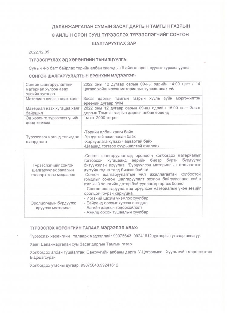8 АЙЛЫН ОРОН СУУЦ ТҮРЭЭСЛЭХ ТҮРЭЭСЛЭГЧИЙГ СОНГОН ШАЛГАРУУЛАХ ЗАР