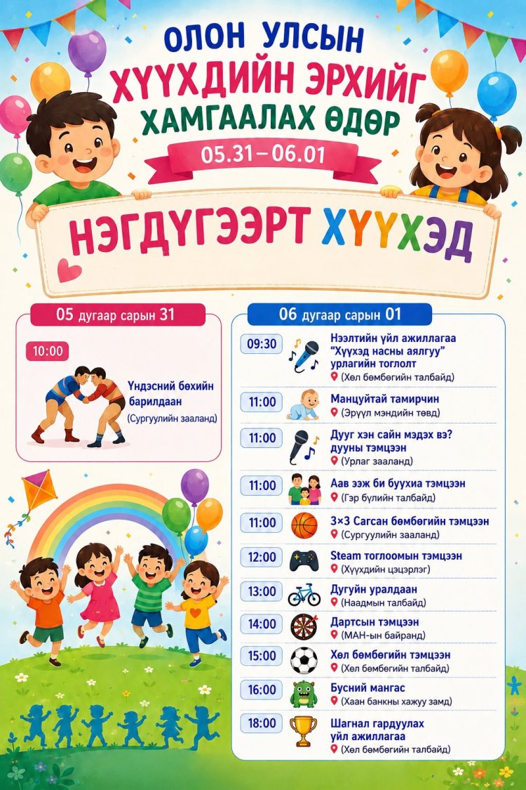 ОЛОН УЛСЫН ХҮҮХДИЙН ЭРХИЙГ ХАМГААЛАХ ӨДРИЙН НЭГДСЭН АРГА ХЭМЖЭЭНИЙ ХӨТӨЛБӨРИЙГ ХҮРГЭЖ БАЙНА.
