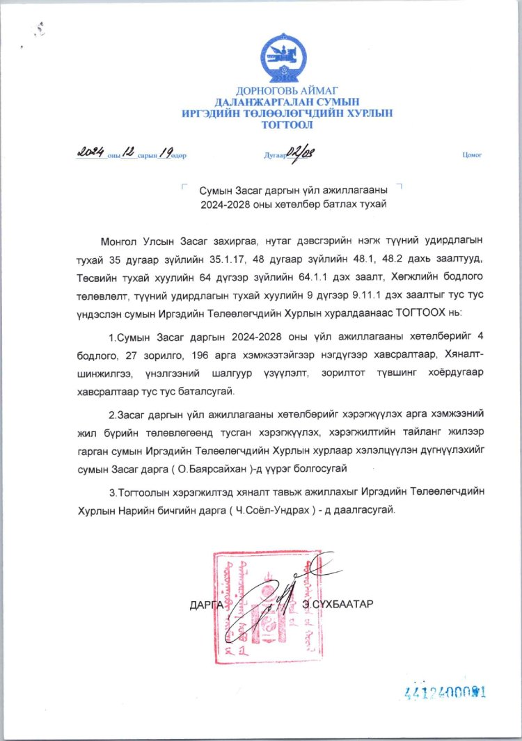 ДОРНОГОВЬ АЙМГИЙН ДАЛАНЖАРГАЛАН СУМЫН ЗАСАГ ДАРГЫН ҮЙЛ АЖИЛЛАГААНЫ ХӨТӨЛБӨР /2024-2028 ОН/