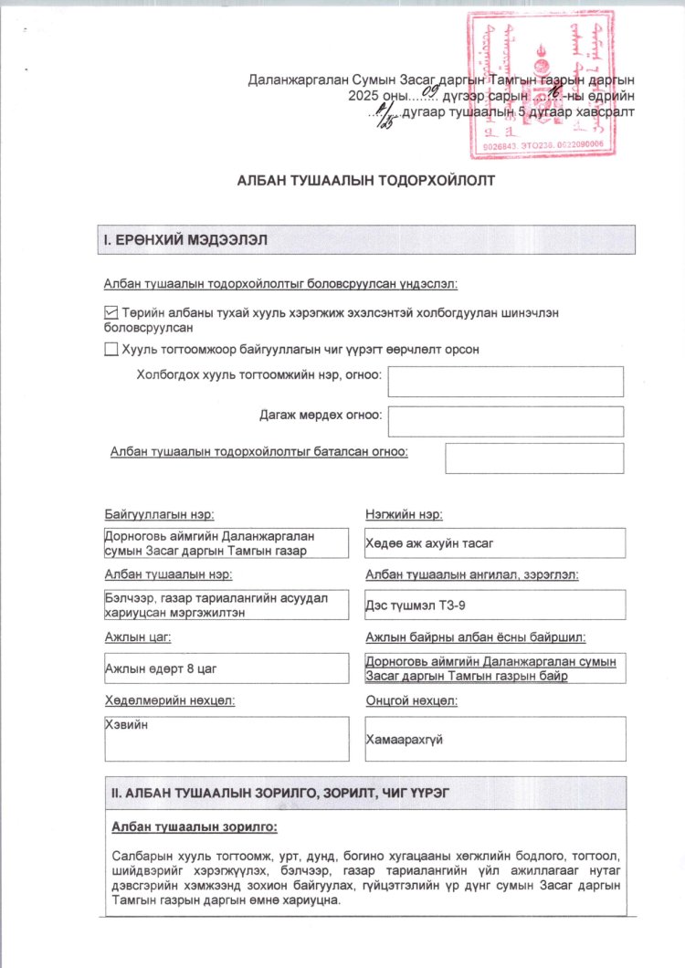 2025 ОНД ШИНЭЭР БАТЛАГДСАН  ЗАСАГ ДАРГЫН ТАМГЫН ГАЗРЫН АЛБАН ХААГЧДЫН АЛБАН ТУШААЛЫН ТОДОРХОЙЛОЛТ